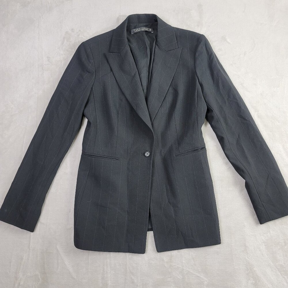 Tahari Black Wool Long-Sleeve Pinstripe Pocketed Women's Suit Blazer | Size 6